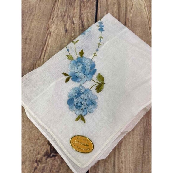 Vintage Handkerchief Embroidered Blue Flowers Switzerland Hankie Wedding - Picture 1 of 5